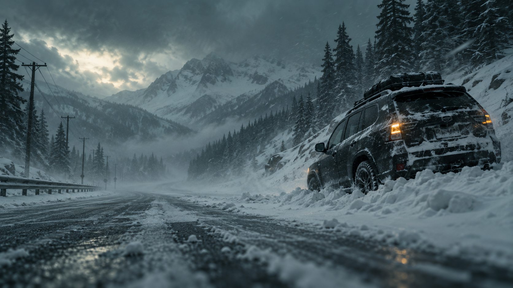 A stranded SUV in a mountain whiteout
